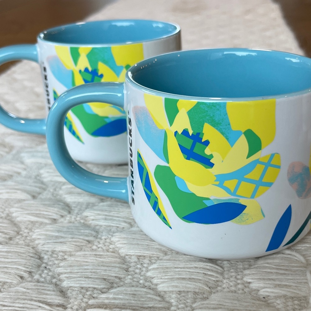 NWOT Starbucks Mug and with Blue and Yellow Floral Design - set of two